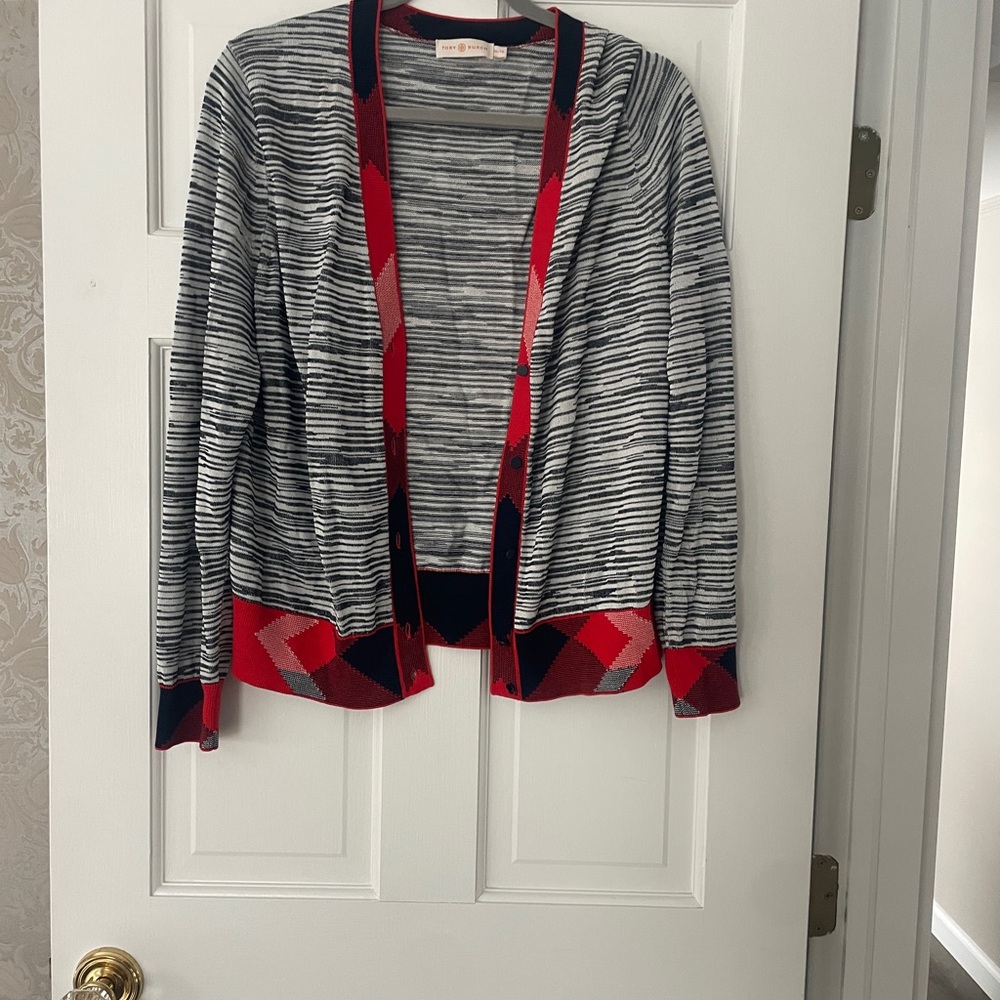 Tory Burch Space striped plaid trim cardigan sweater xl